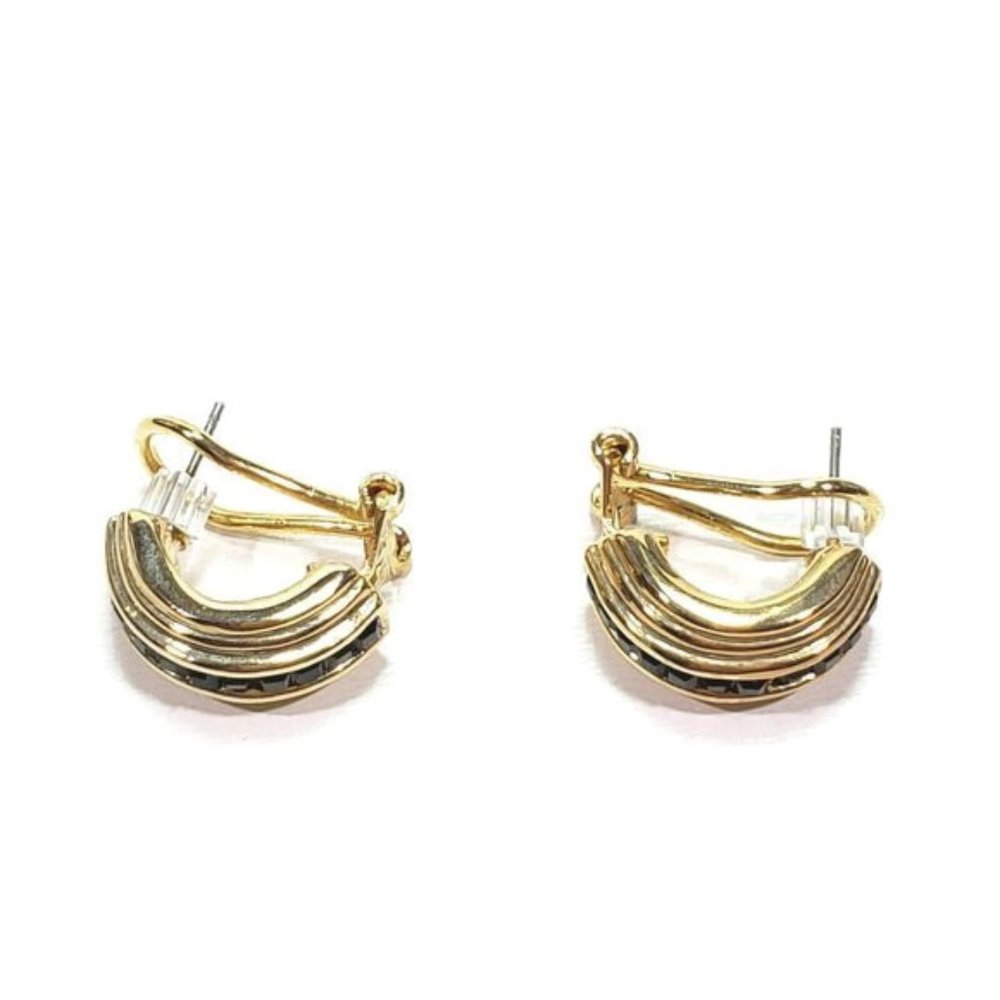 Gold Tone Jet Black Crystal Earrings French Backs - Picture 7 of 8